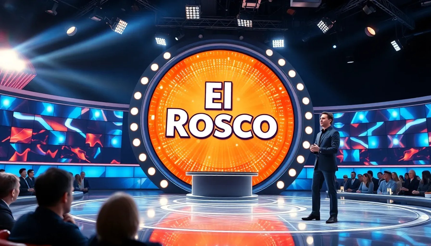 Estudio de Telecinco con el tablero iluminado de El Rosco y el presentador listo para iniciar la ronda final
