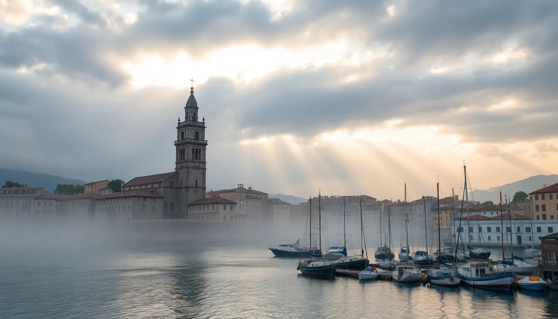 Cielo parcialmente nublado sobre el puerto de Catoira con la torre de la iglesia al fondo