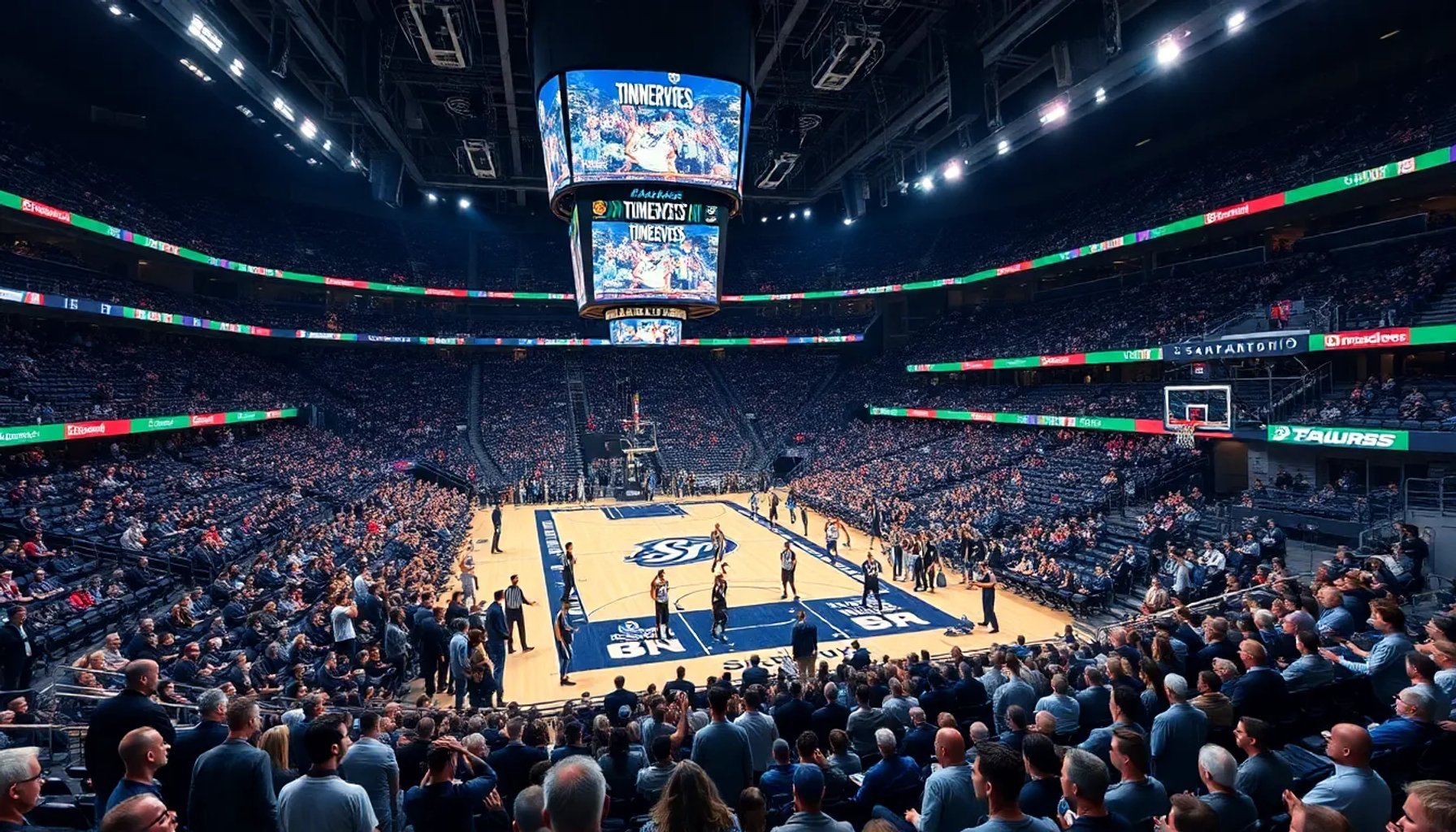 Jugadores de los Minnesota Timberwolves y San Antonio Spurs disputando un intenso partido en el Target Center