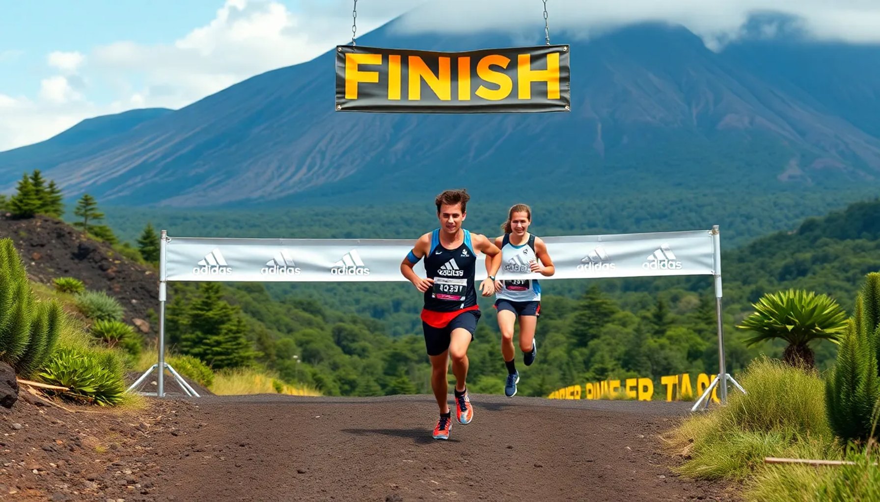 Jóvenes corredores cruzando la línea de meta en la Transvulcania adidas 2026, con el volcán de La Palma al fondo