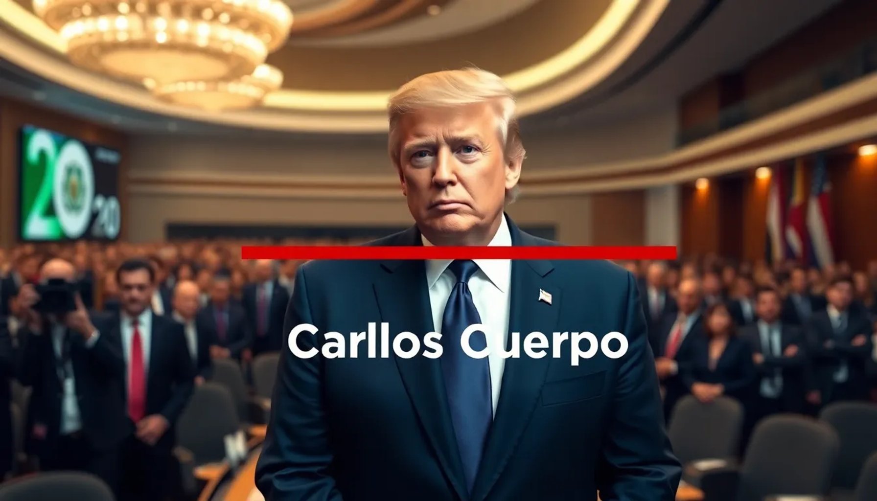 Donald Trump en la sala de conferencias del G20 mientras se muestra la eliminación del nombre de Carlos Cuerpo