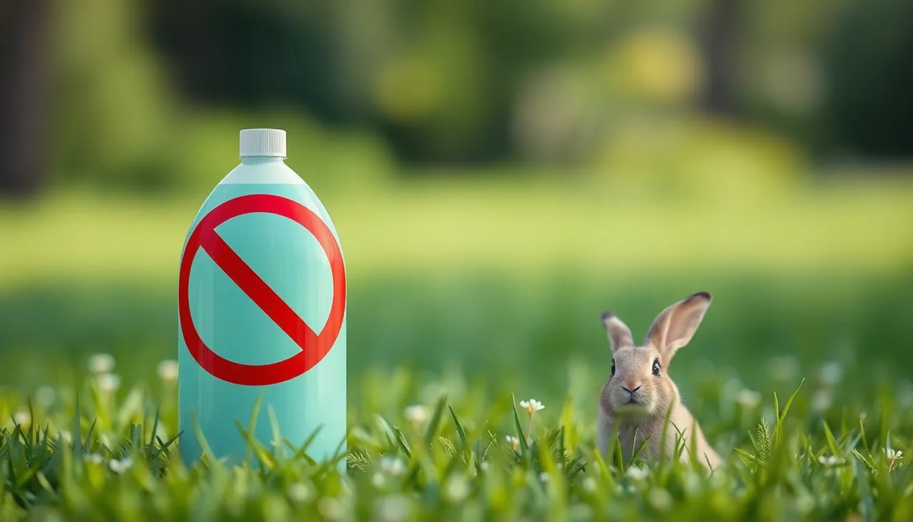 Imagen que muestra un producto de limpieza con símbolo de prohibición y un conejo libre