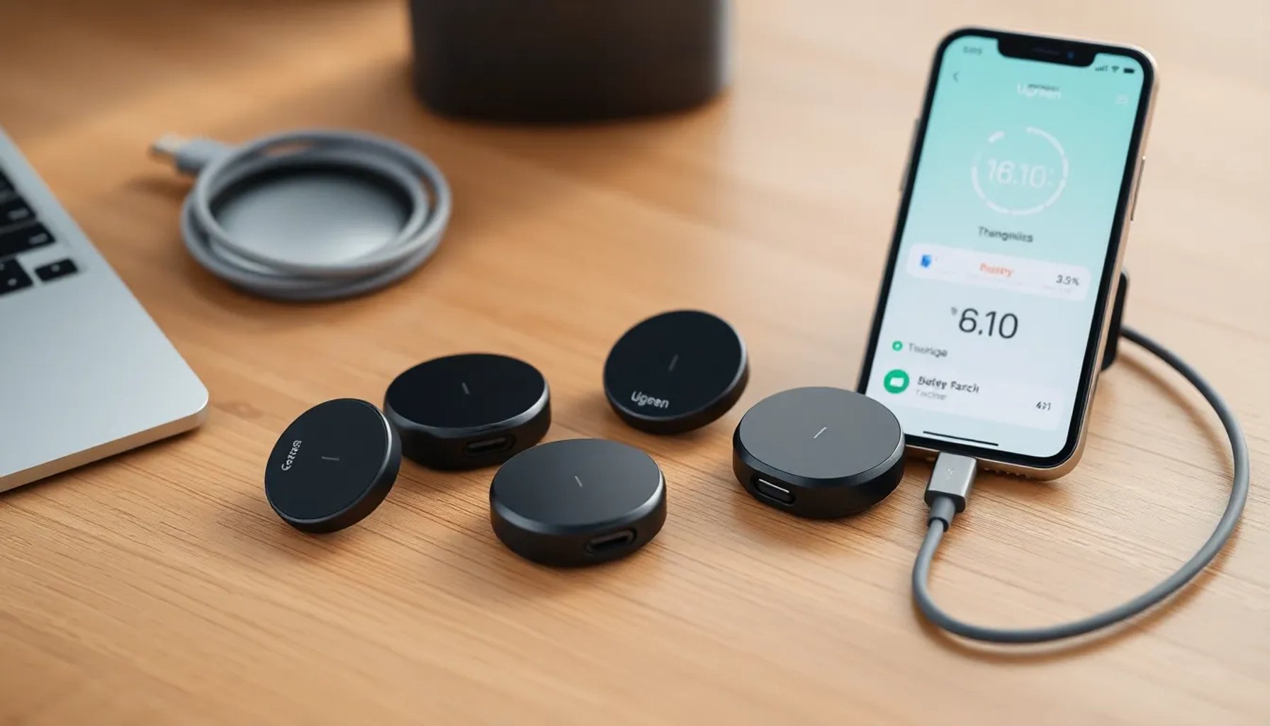 Cuatro localizadores Bluetooth Ugreen recargables sobre una mesa, acompañados de un cable USB‑C y un iPhone mostrando la app de seguimiento.