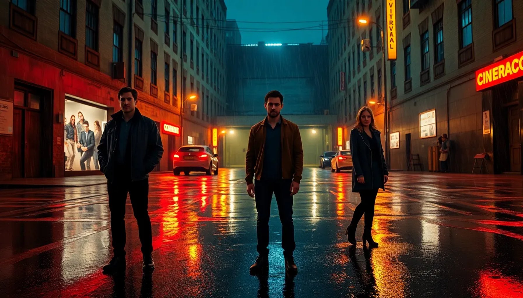 Personajes principales de la serie Una nueva vida bajo una lluvia intensa, con luces de neón y un almacén subterráneo de fondo