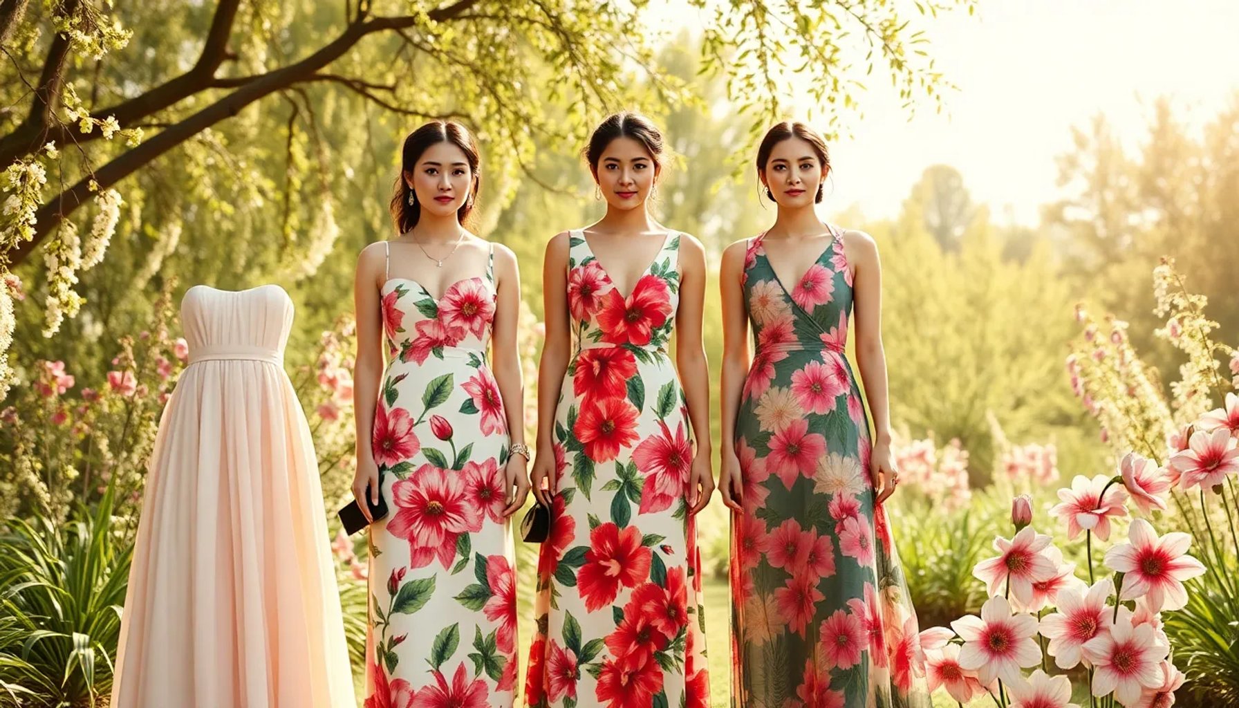 Tres aristócratas españolas posando con vestidos de flores primaverales en un jardín soleado