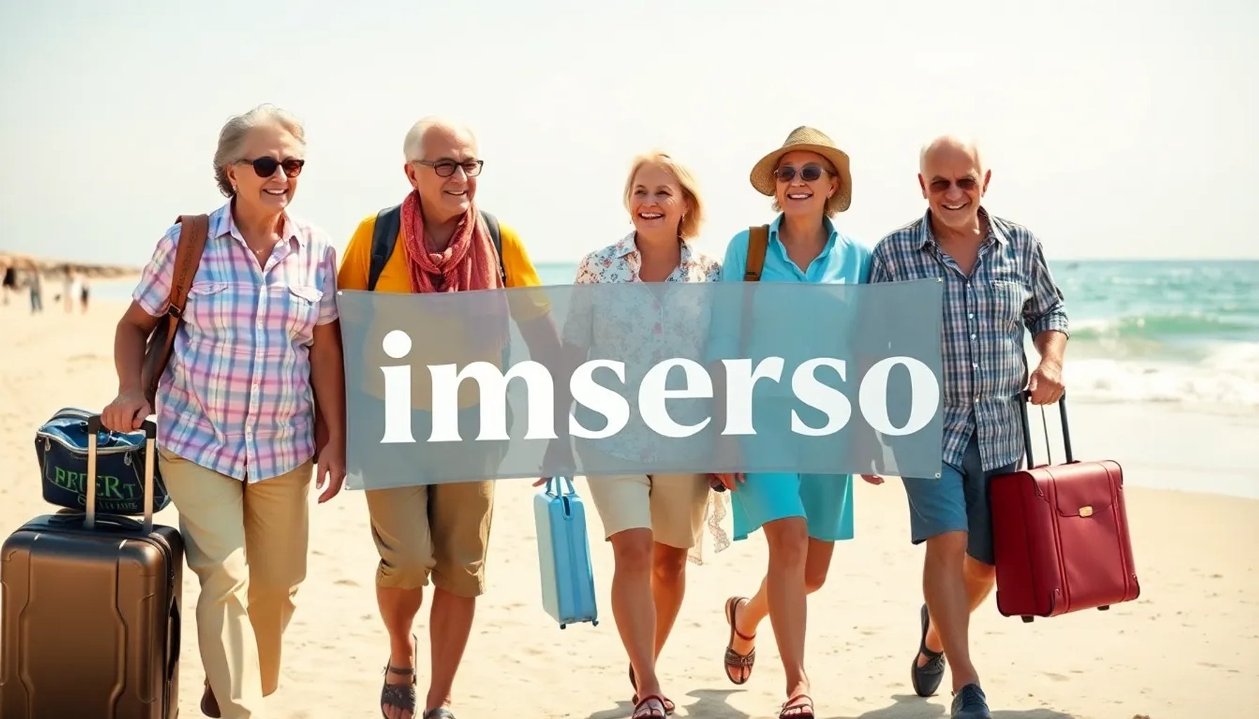 Grupo de pensionistas disfrutando de un paseo en la playa bajo el sol, simbolizando los viajes organizados por el Imserso