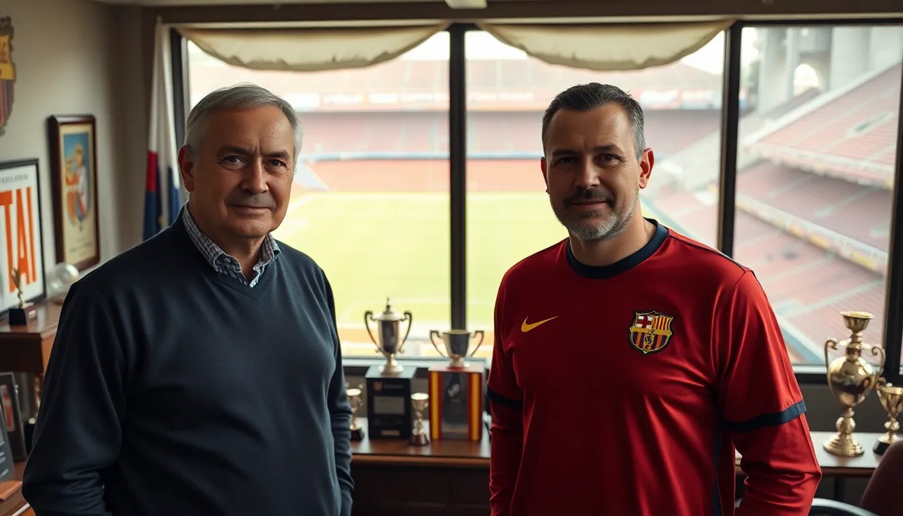 Víctor Fernández y Nayim discuten en la sede del Real Zaragoza, rodeados de símbolos del club