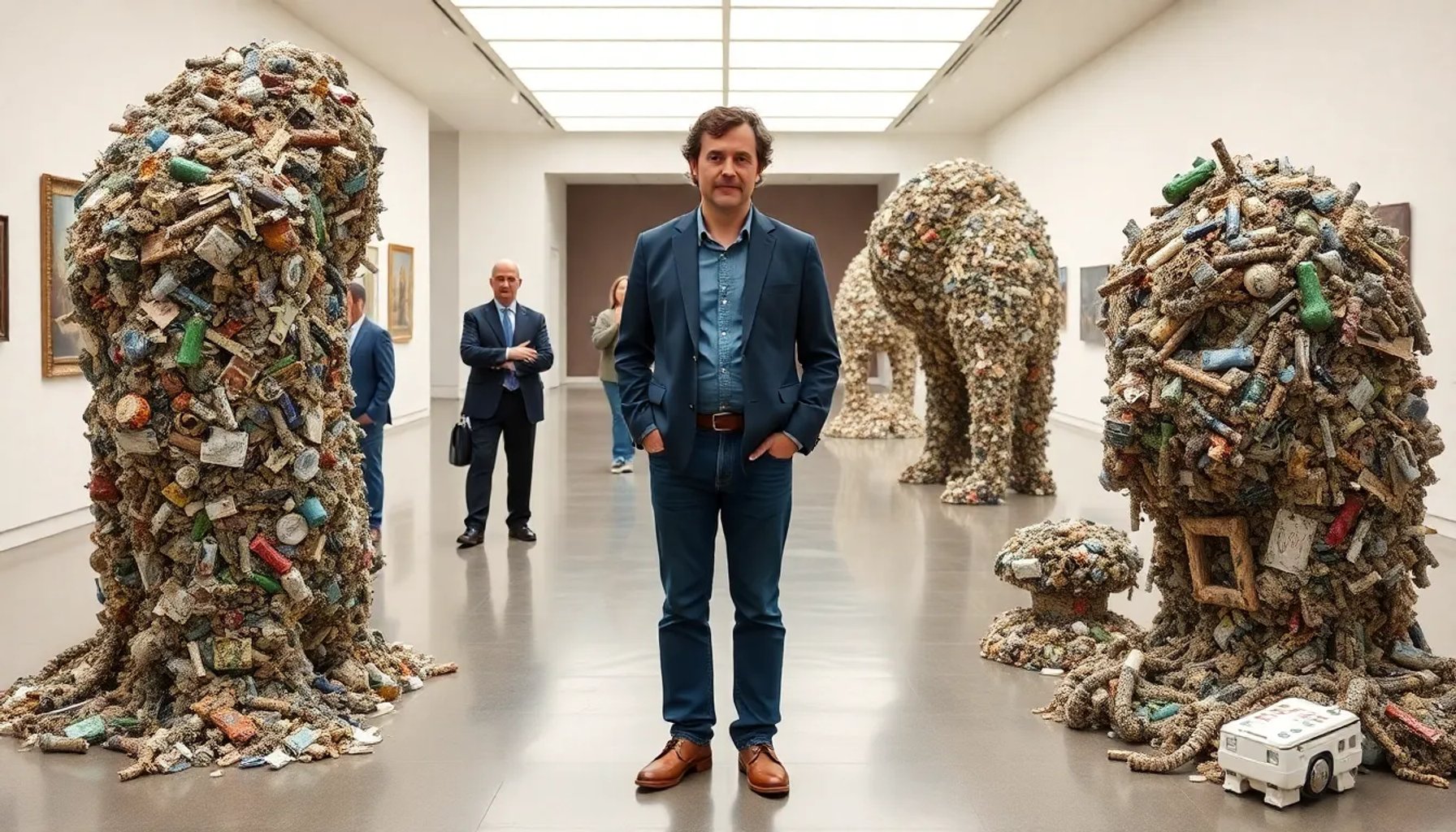 Vik Muniz frente a una escultura de materiales reciclados en el museo, rodeado de personal de limpieza y director del museo
