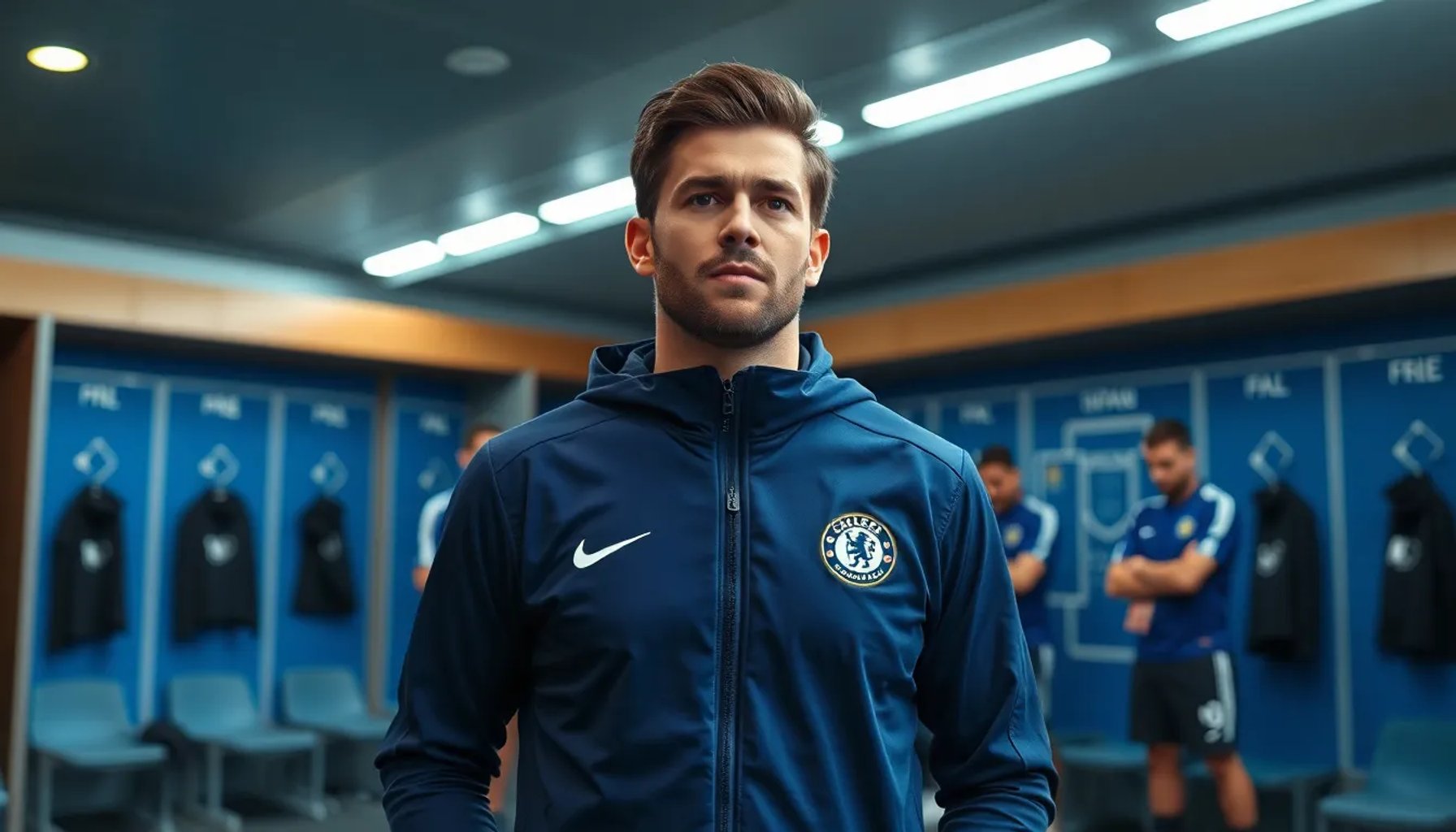 Xabi Alonso en el vestuario del Chelsea, rodeado de jugadores y staff técnico, mirando una pizarra táctica