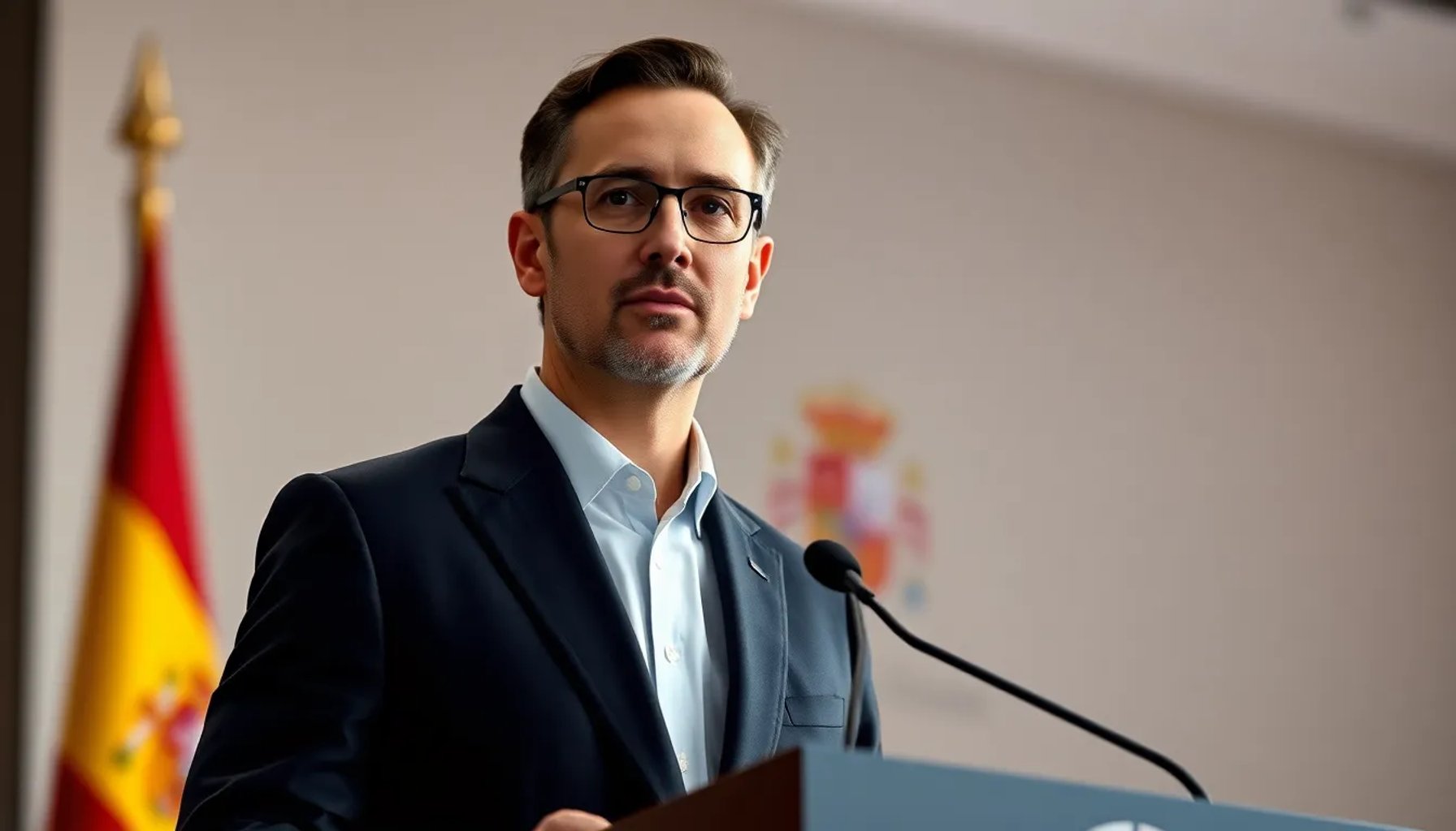 Xavier Vidal-Folch hablando en una conferencia de prensa, con fondo de la bandera española
