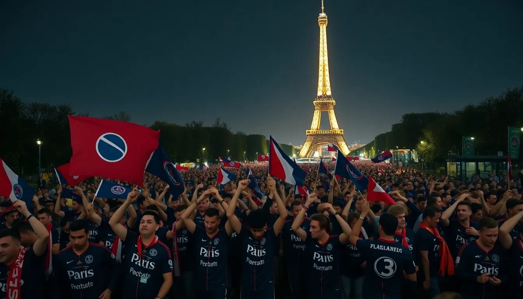 Multitud de seguidores parisinos celebrando al PSG y a Luis Enrique frente a la Torre Eiffel iluminada