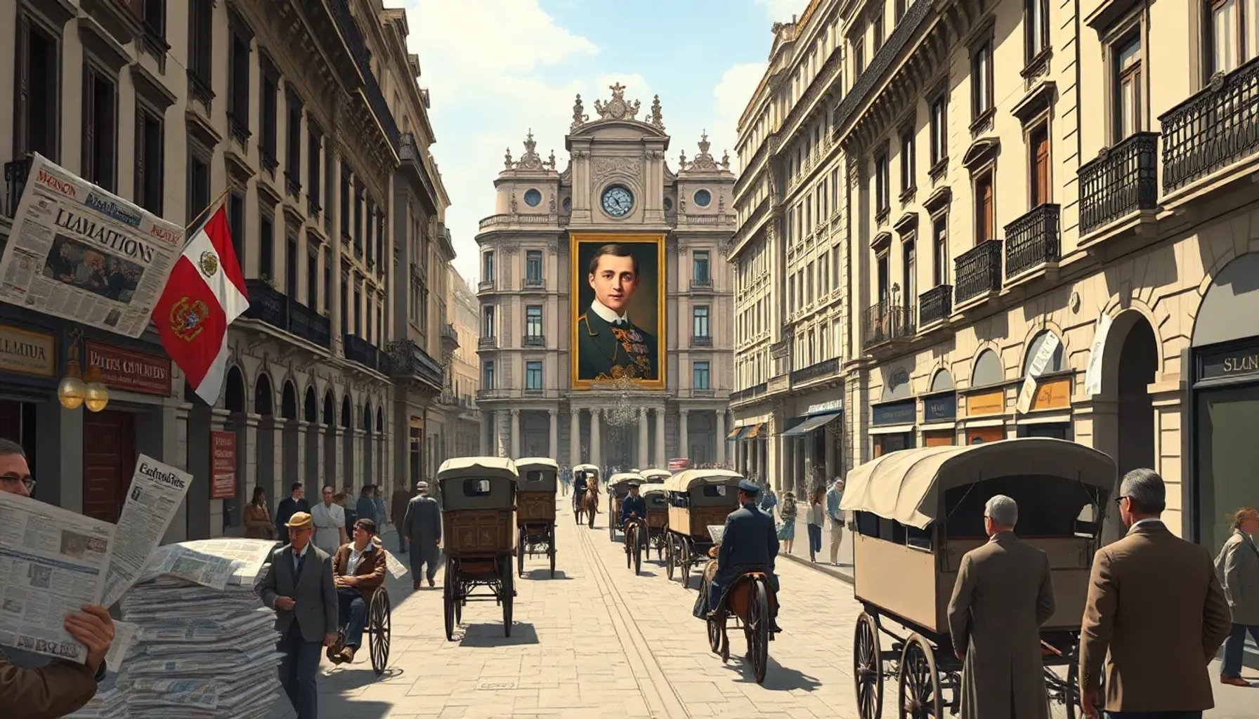 Ilustración de la España de 1899 con el rey Alfonso XIII y la prensa de la época
