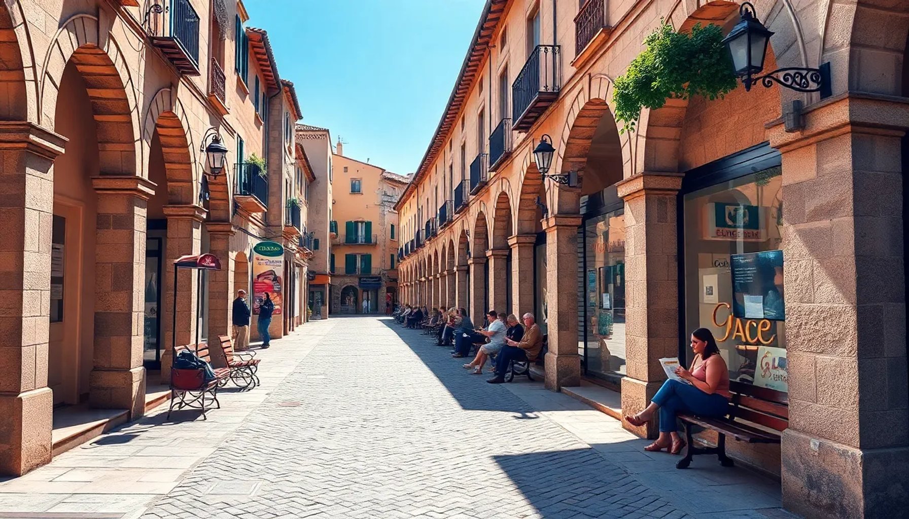 Calle empedrada de un pueblo español con soportales de piedra que proyectan sombra bajo el sol de verano