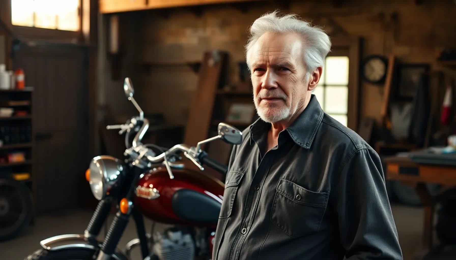 Clint Eastwood sonriendo junto a una motocicleta clásica en su garaje