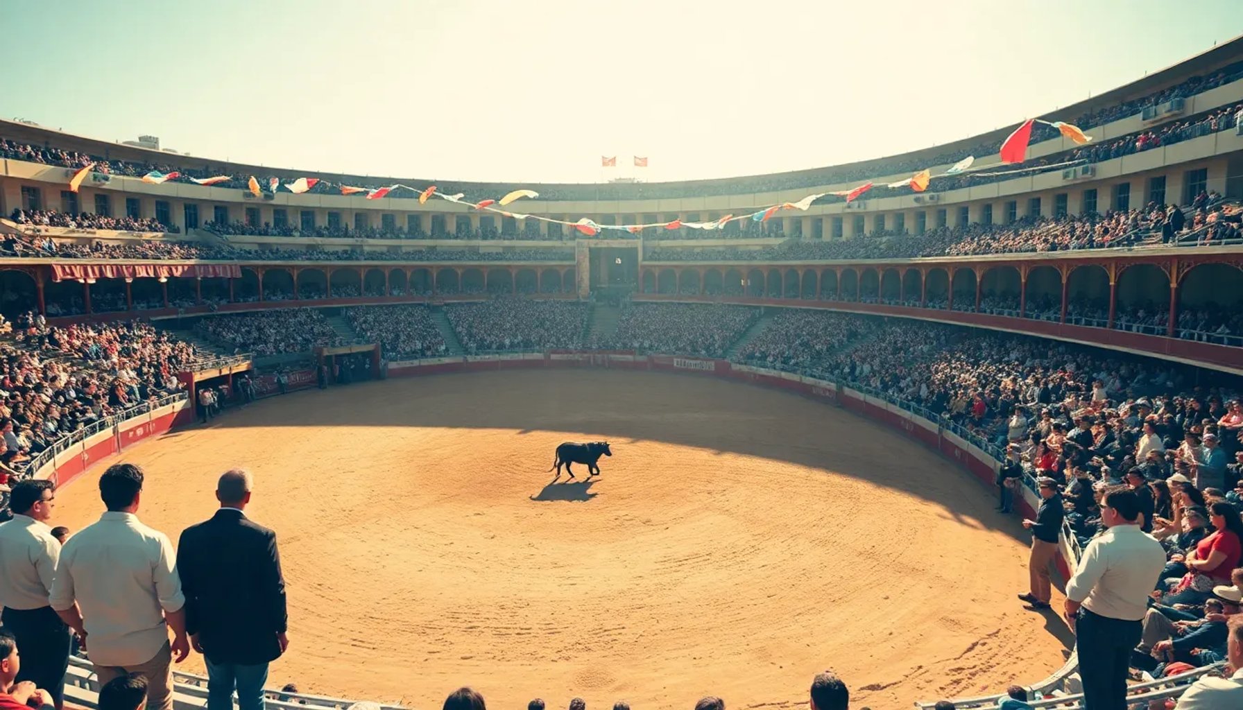 Plaza de toros llena durante una corrida de San Fermín con luz de tarde y banderillas visibles