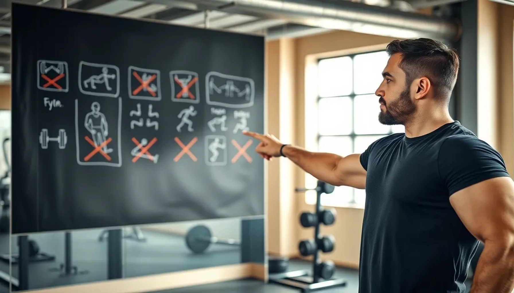 Aarón Santos, entrenador, señalando ejercicios sobrevalorados en el gimnasio