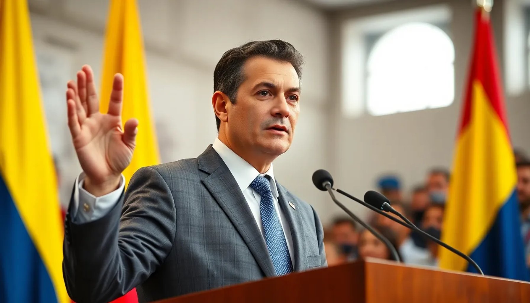 Abelardo de la Espriella tomando juramento como presidente de Colombia, rodeado de banderas y público