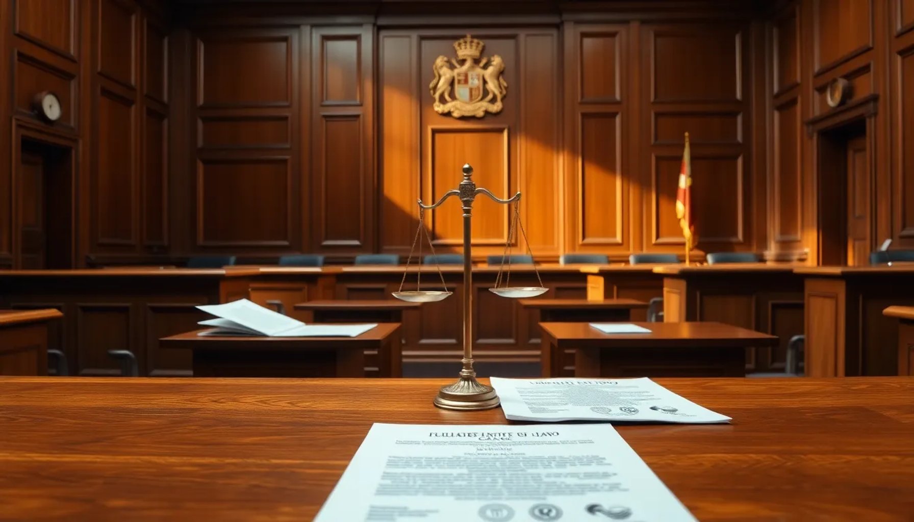 Ilustración de un tribunal español con documentos legales y una balanza de la justicia sobre un fondo neutro