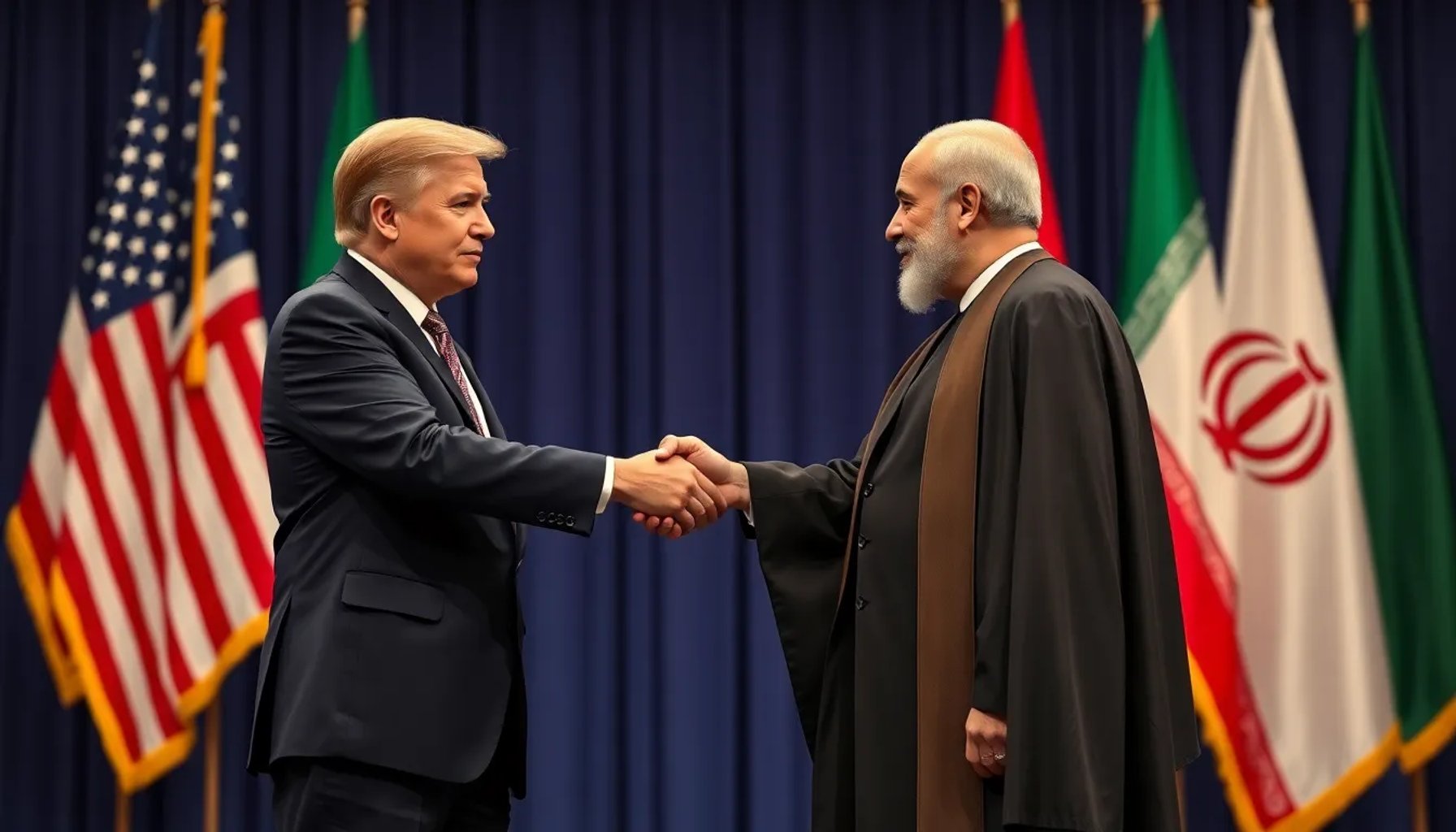Presidente de EE.UU. y líder iraní firmando el acuerdo de paz frente al estrecho de Ormuz