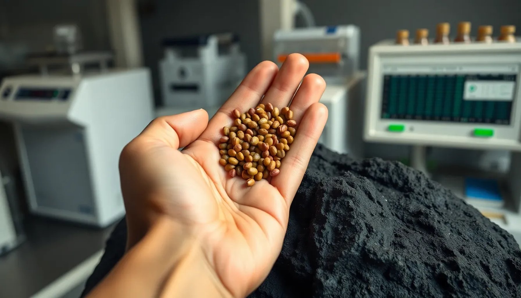 Mano sosteniendo una lenteja canaria sobre roca volcánica con fondo de laboratorio