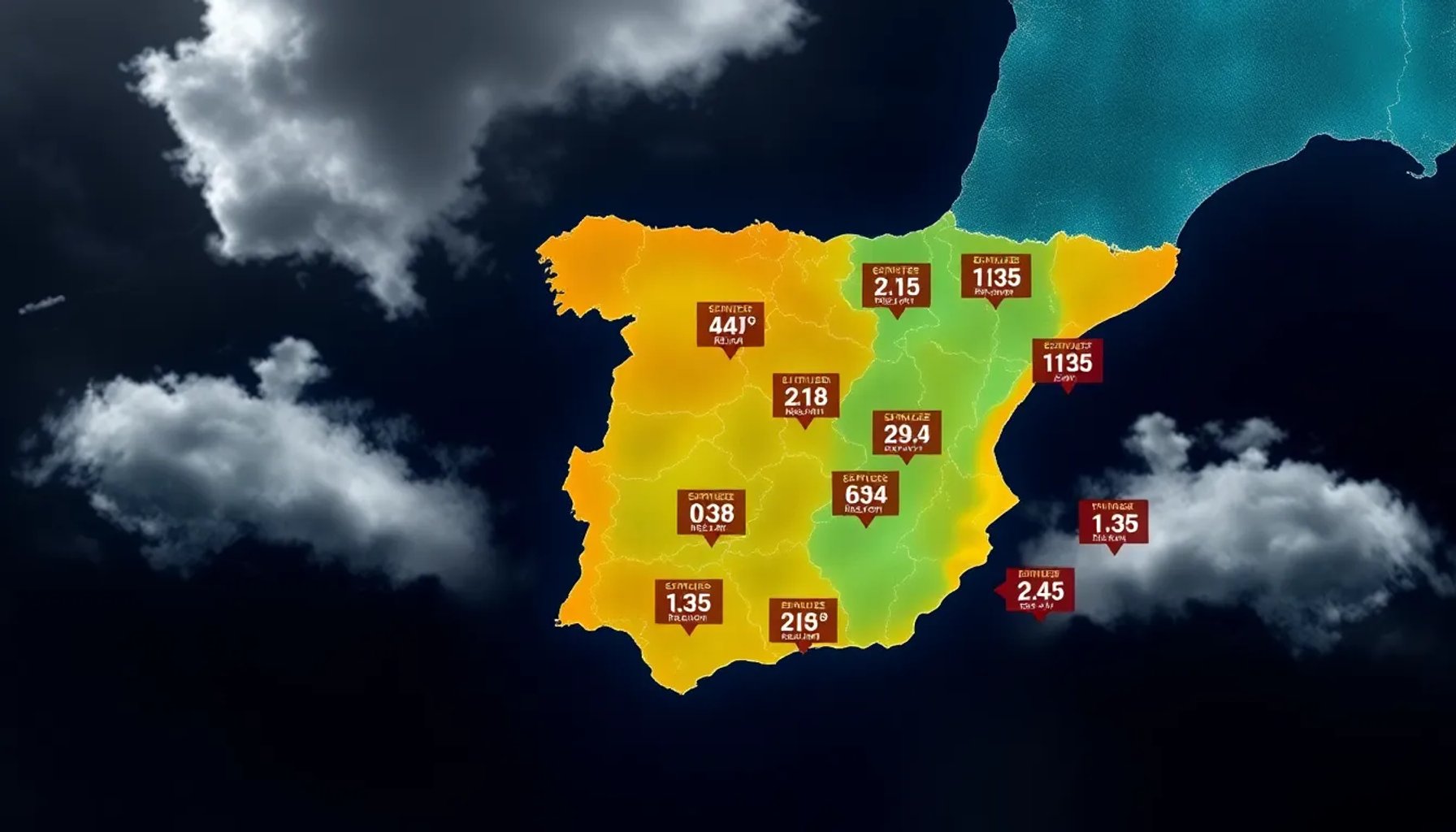 Mapa de España con zonas bajo alerta de calor y tormentas emitidas por la Aemet