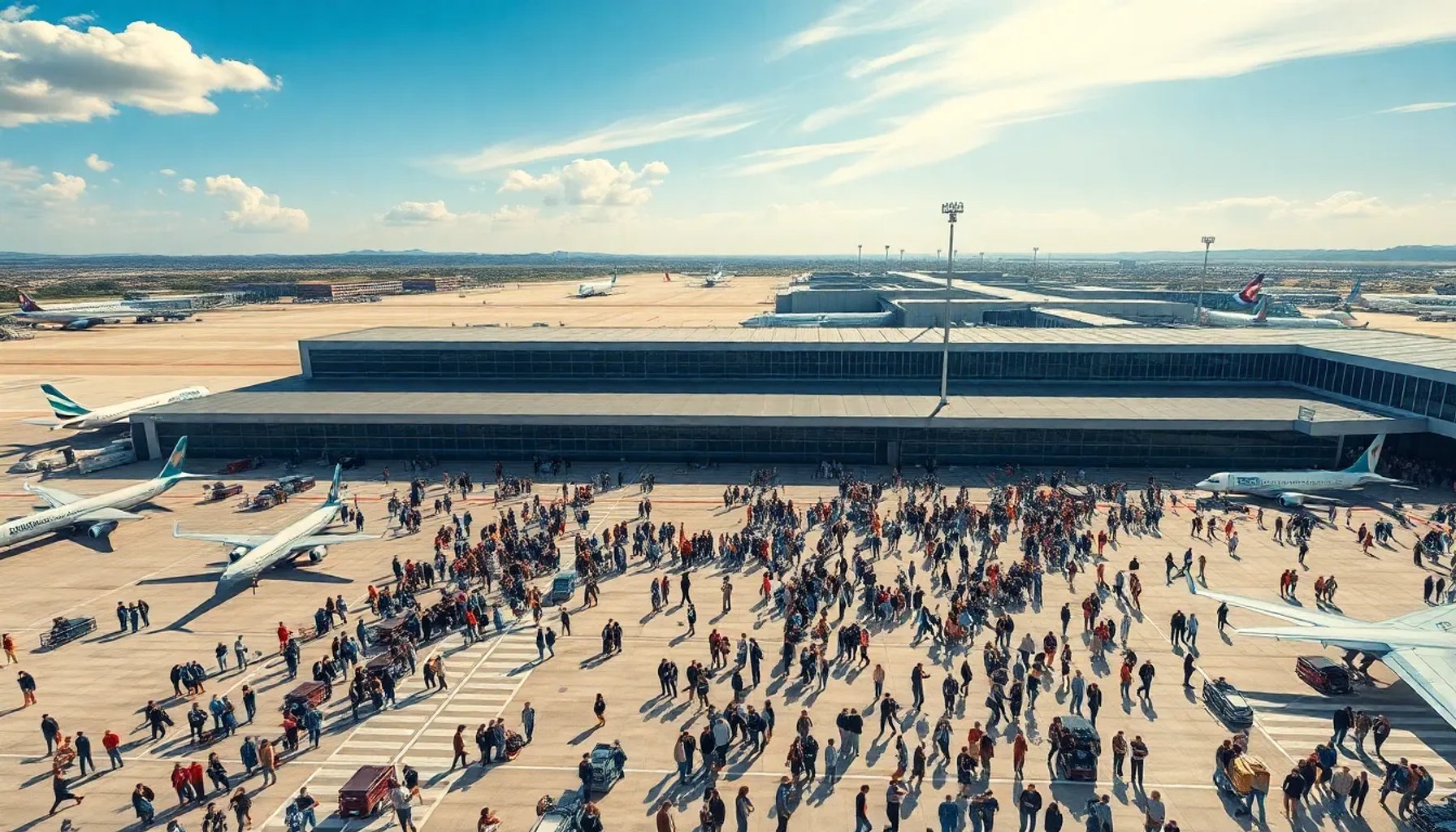 Vista aérea de un aeropuerto español lleno de aviones y pasajeros bajo un cielo de verano brillante