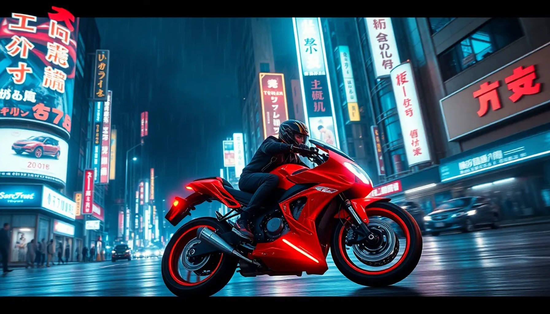 Kaneda sobre su icónica moto roja, cruzando una calle iluminada por neones en la Tokio post‑apocalíptica de Akira