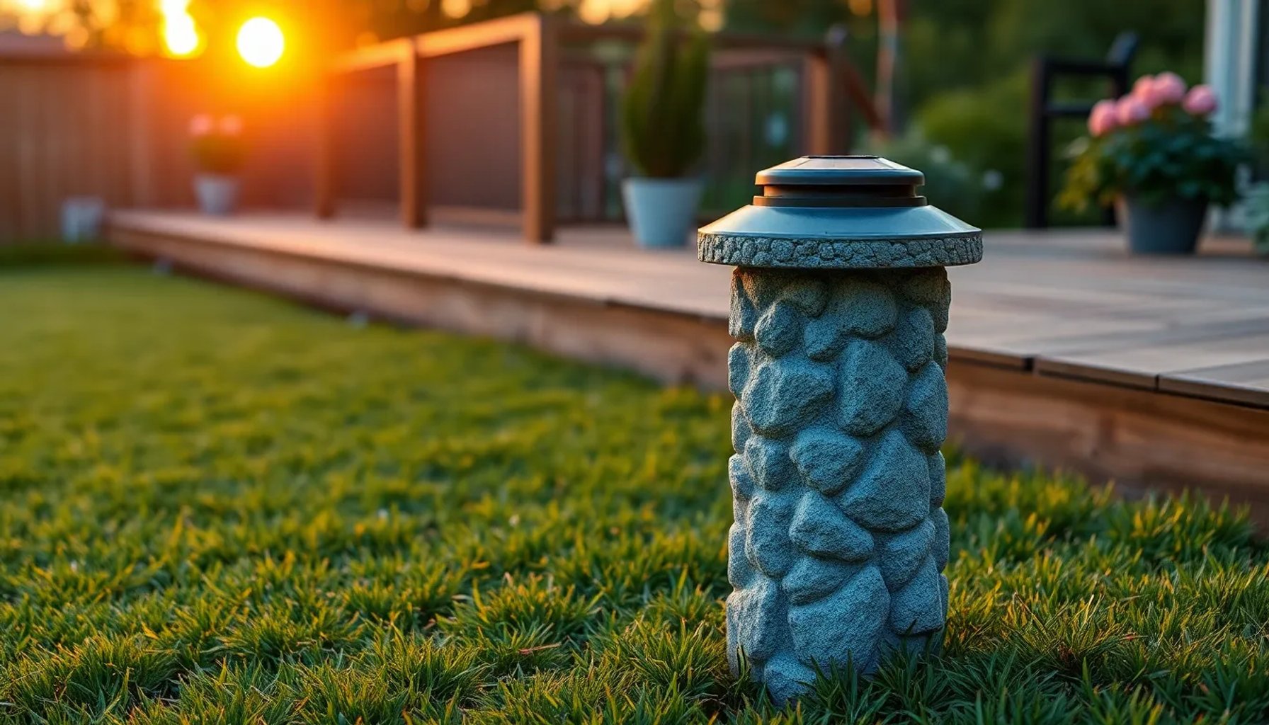 Lámpara solar de Aldi con acabado que imita una piedra, colocada en un jardín al atardecer
