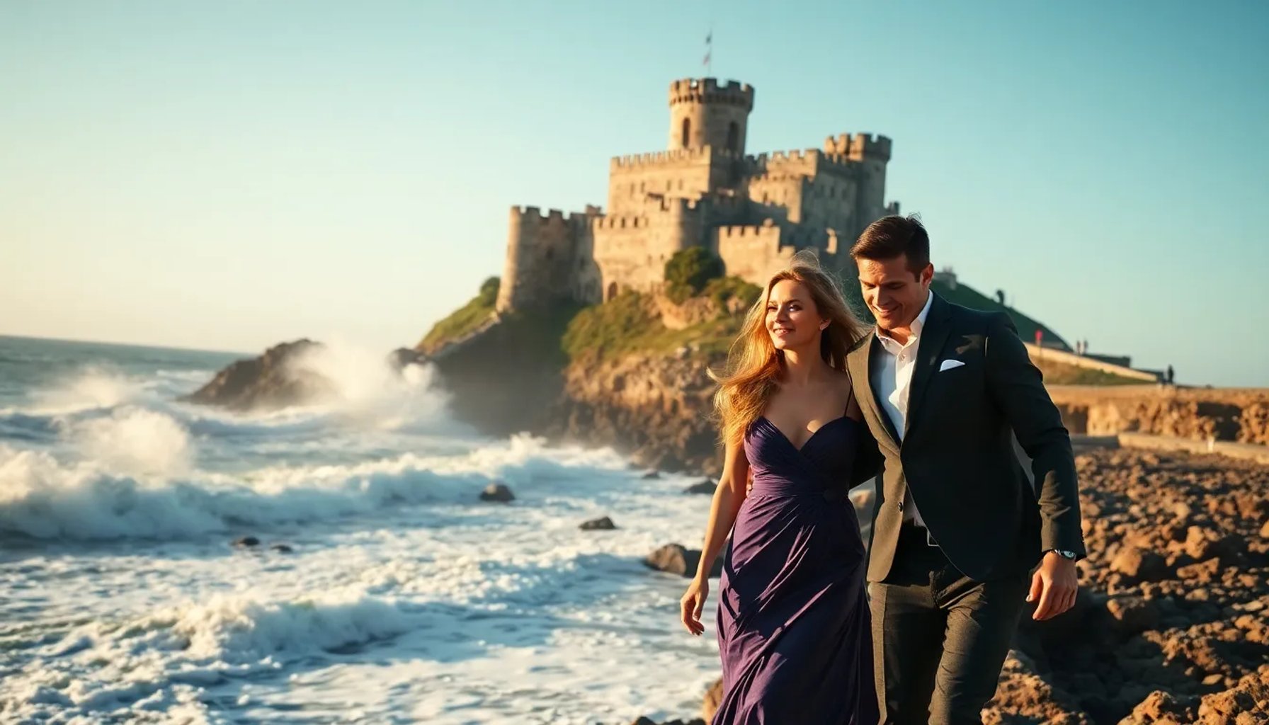 Alejandra Silva y Richard Gere caminando por la playa salvaje frente al castillo del siglo XVI en un pueblo costero español