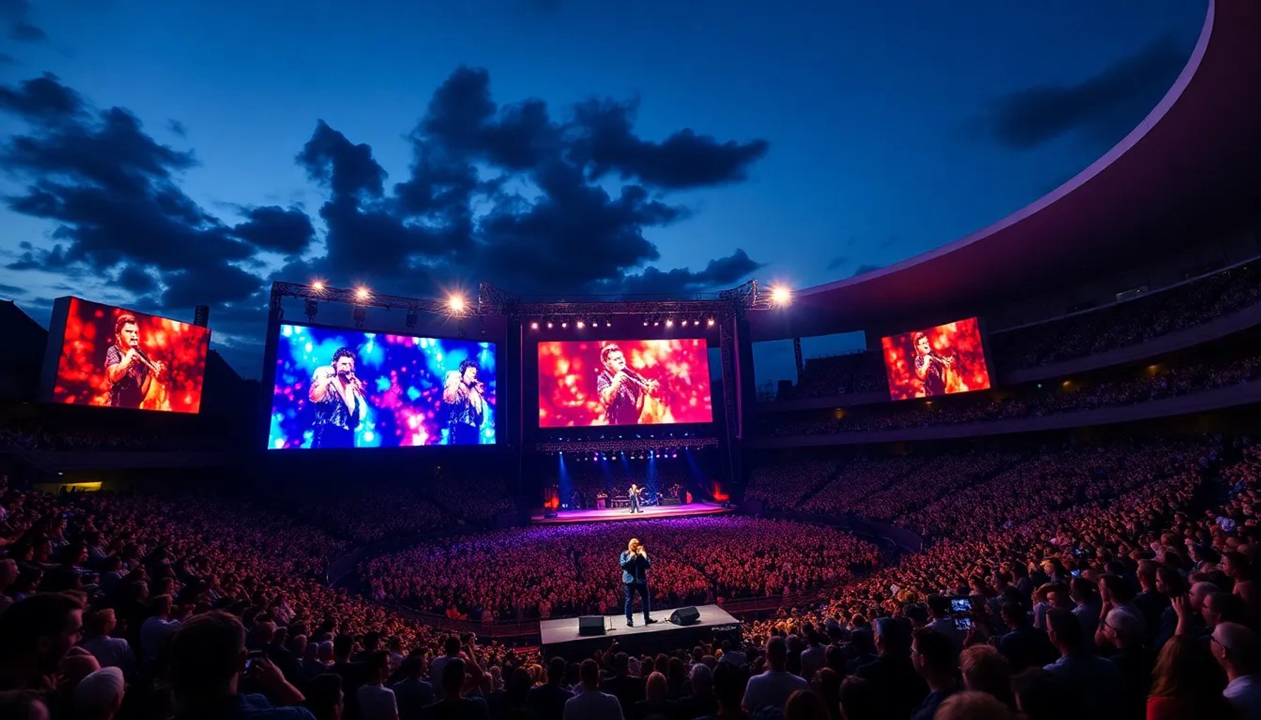 Escenario iluminado del concierto de Alejandro Sanz en Son Moix, Mallorca, con luces y pantalla gigante