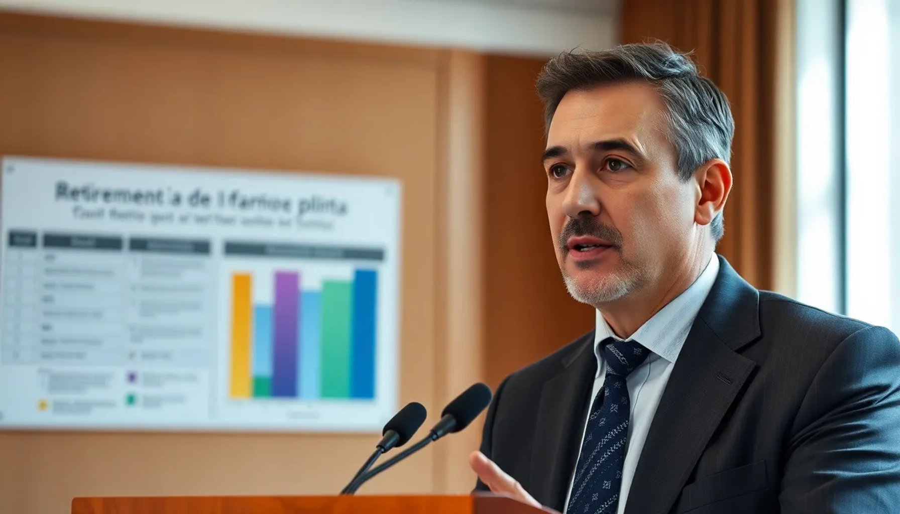 Funcionario de la Seguridad Social hablando en una conferencia sobre jubilación anticipada