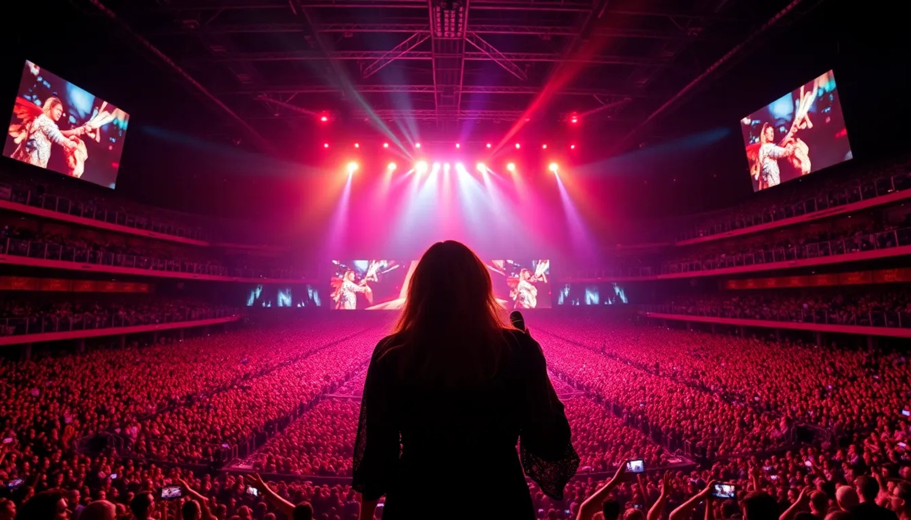 Amaia Romero en el escenario del Roig Arena rodeada de luces y una multitud de fans