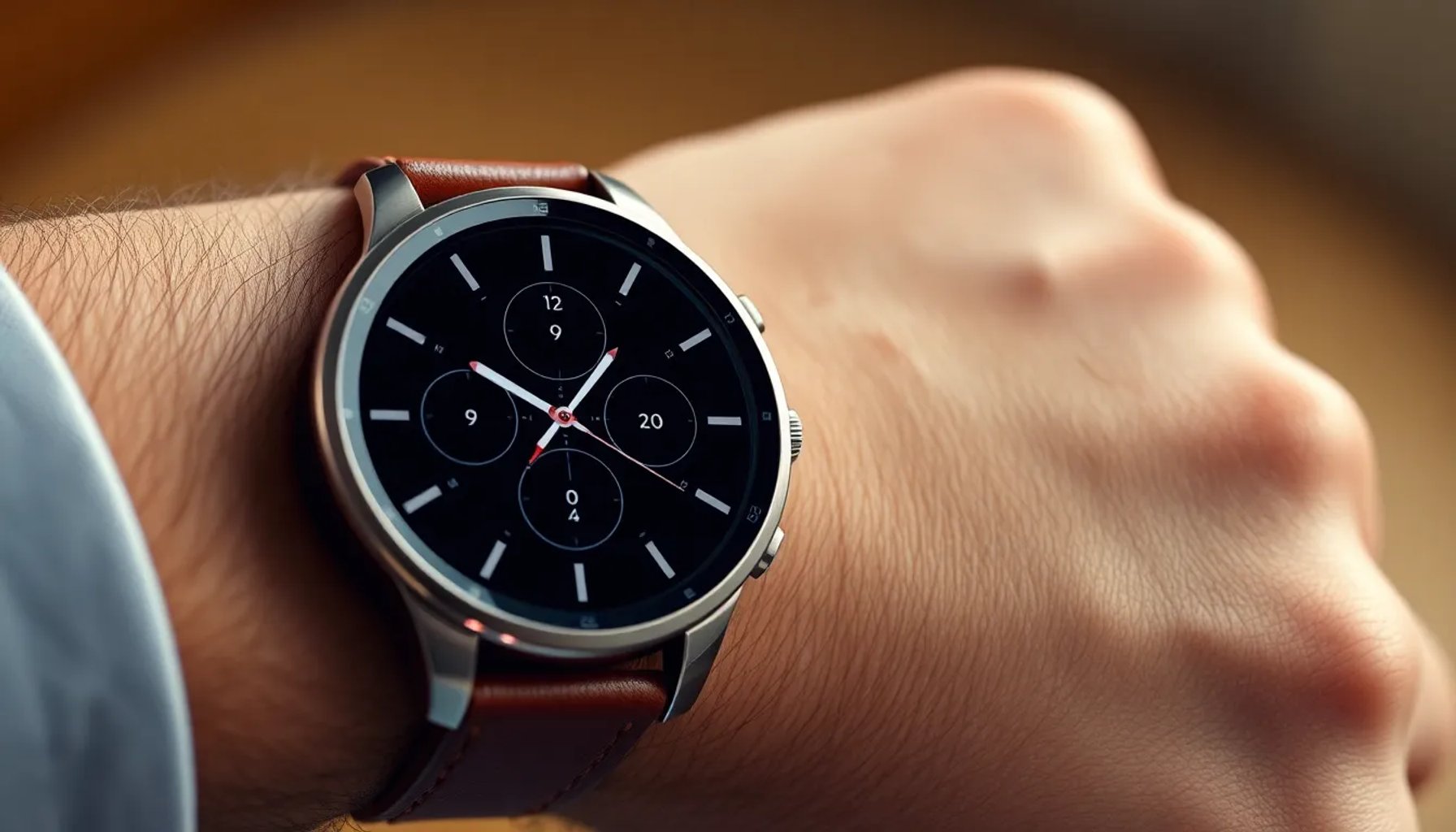 Huawei Watch GT 5 en la muñeca mostrando su pantalla AMOLED y correa de cuero