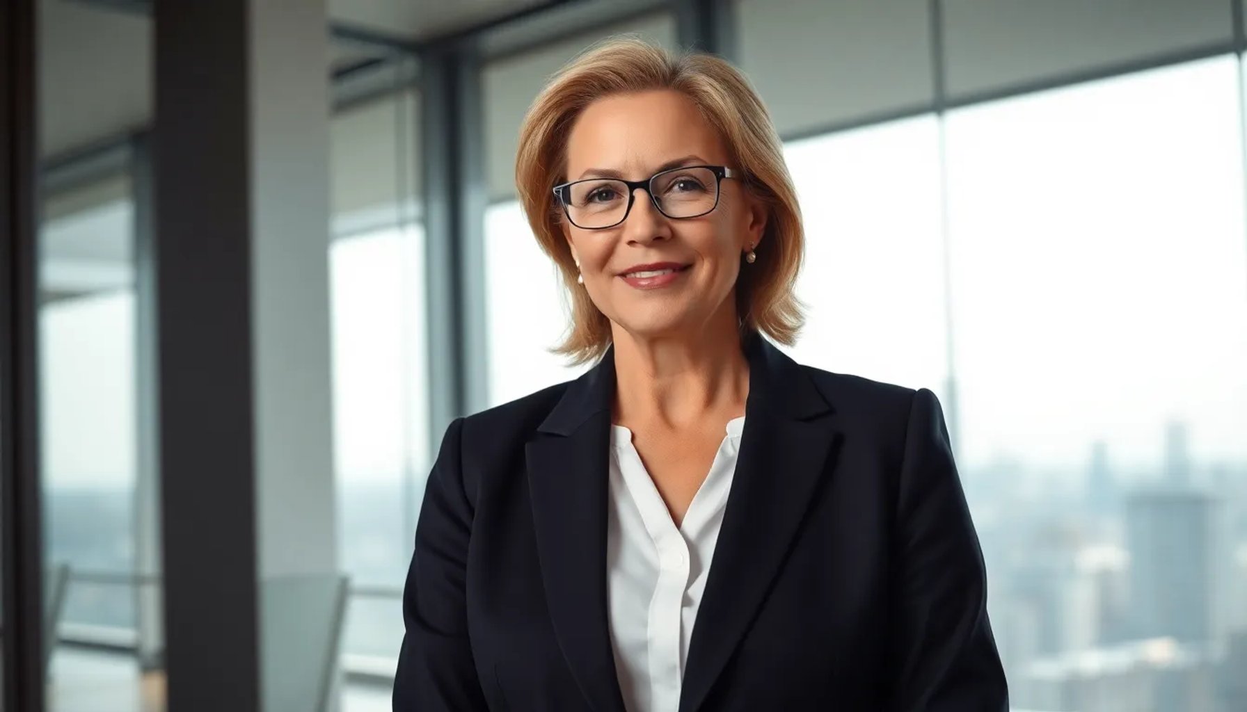 Ana Torrens en una sala de juntas moderna, vestida con traje ejecutivo, mirando al horizonte con determinación