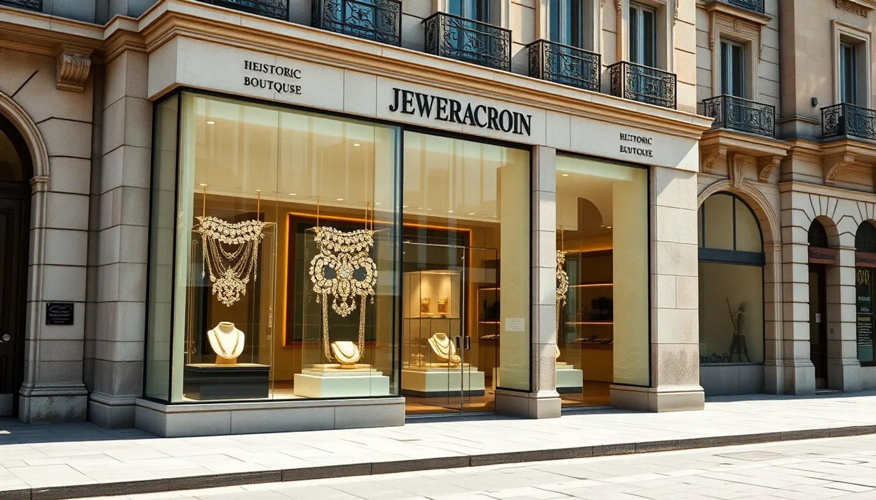 Fachada histórica de la joyería Ansorena en Madrid con vitrinas iluminadas que muestran joyas de alta gama