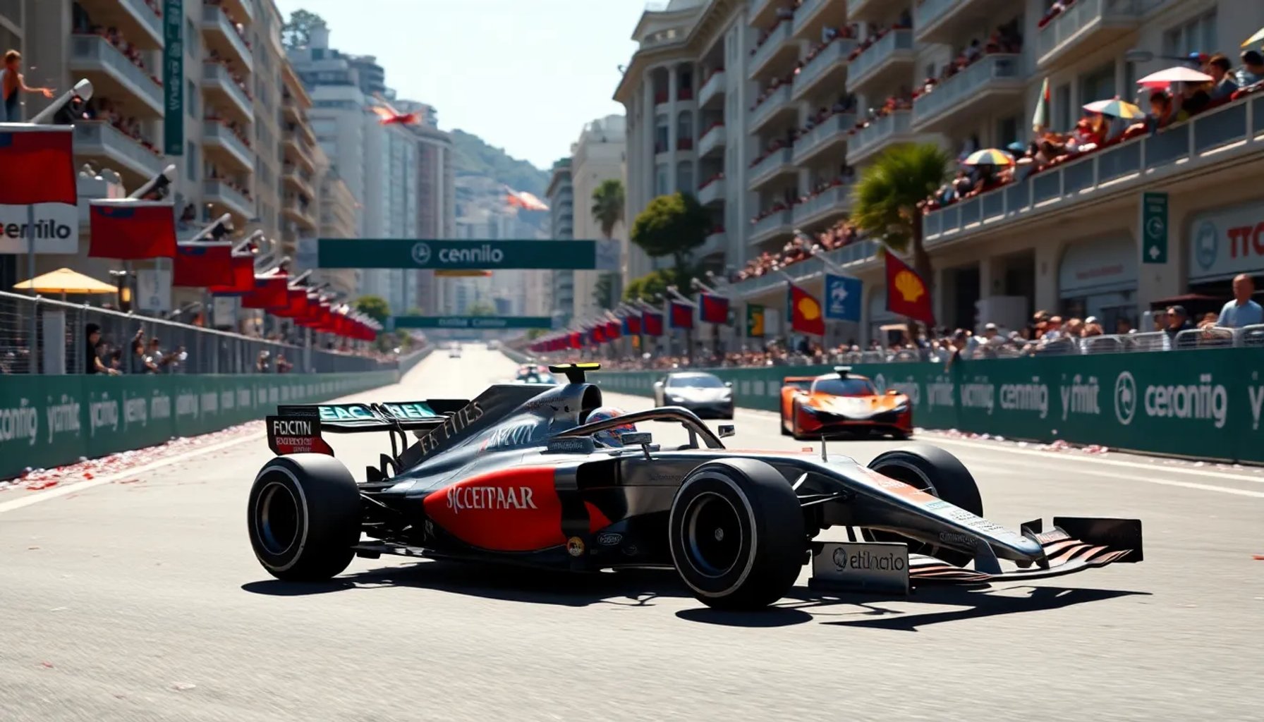 Andrea Kimi Antonelli celebrando su victoria en el Gran Premio de Mónaco 2026 mientras Fernando Alonso cruza la meta en décimo lugar