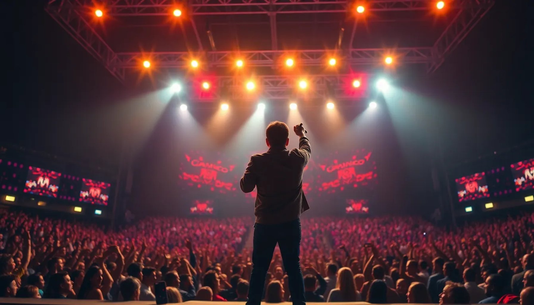 Antonio Orozco cantando en el escenario principal de su gira 'La gira de tu vida' con luces y público emocionado