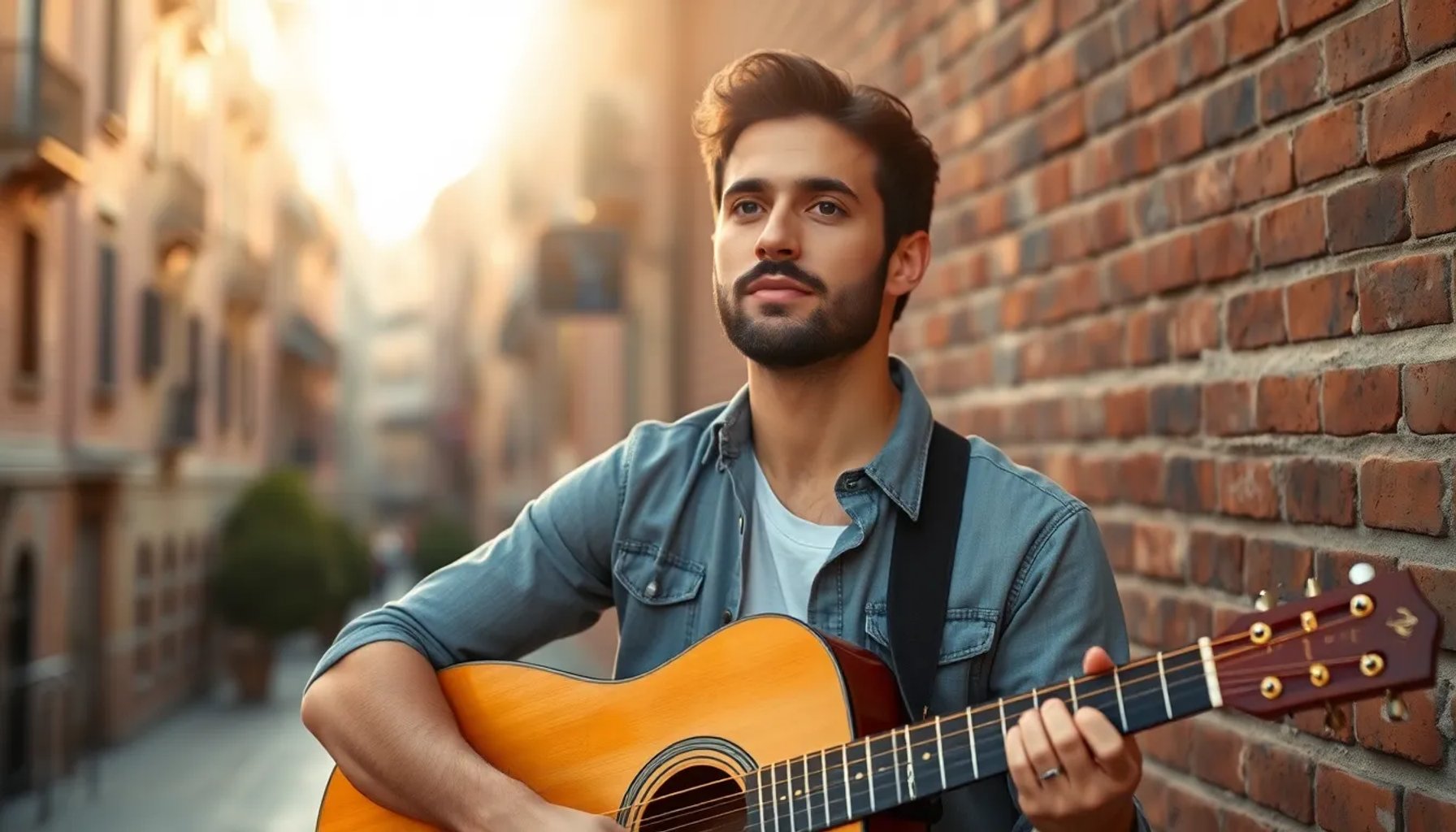 Antonio Orozco sosteniendo una guitarra clásica frente a un muro de ladrillos bajo luz de tarde