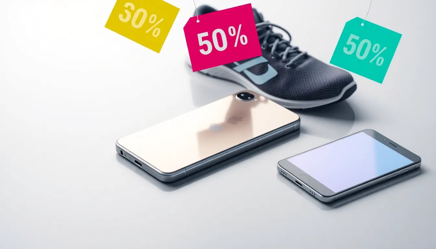 Colage de productos de Apple, Nike y Xiaomi con etiquetas de descuento en fondo de tienda online