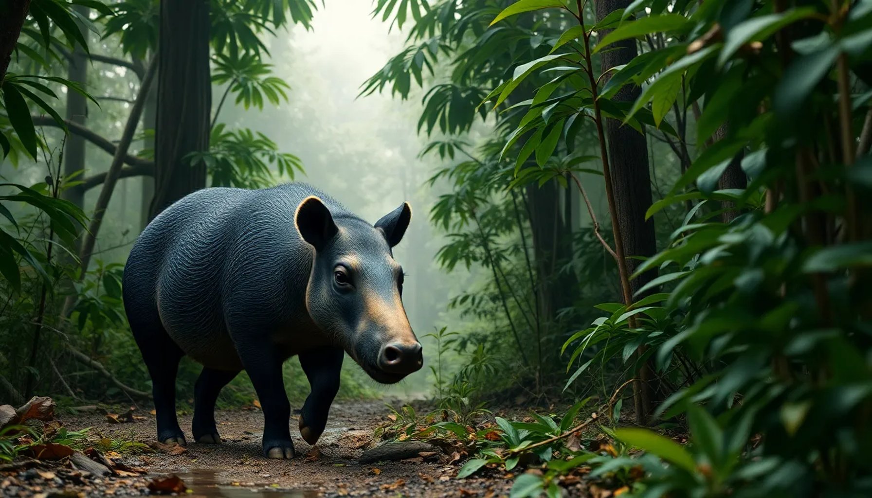 Tapir adulto caminando entre la vegetación de la selva misionera, símbolo del éxito de la reintroducción en Argentina