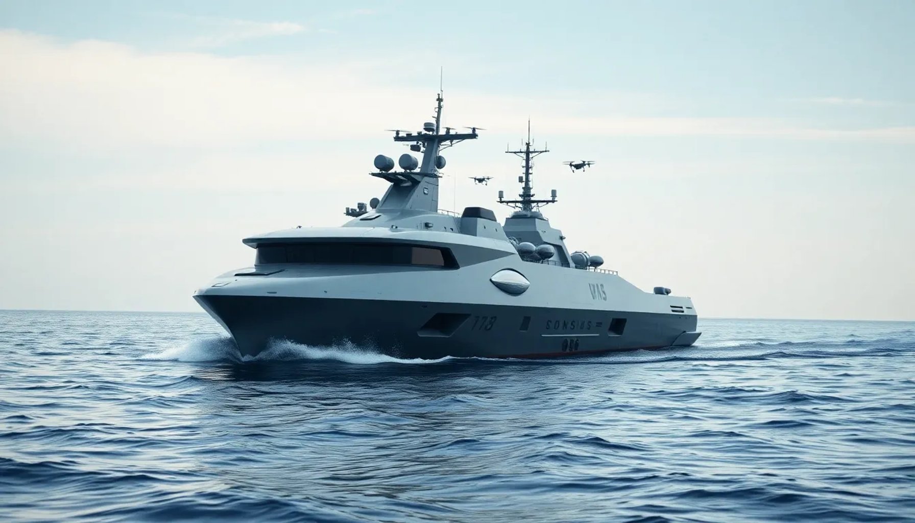 Imagen de un buque autónomo en alta mar, con sensores y drones, representando la innovación naval española