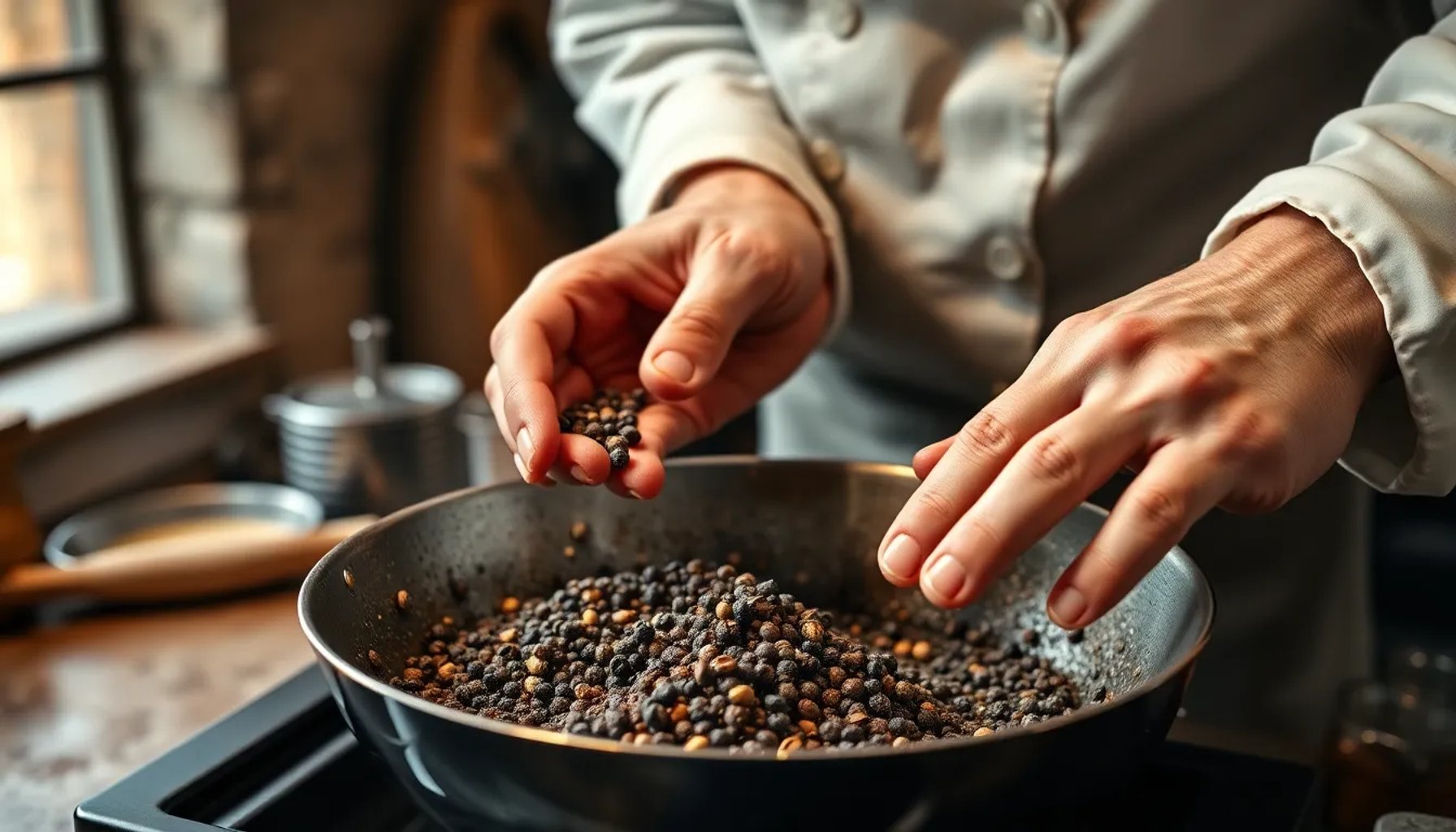 Chef Arnau París tostando pimienta negra en una sartén con grasa de guanciale