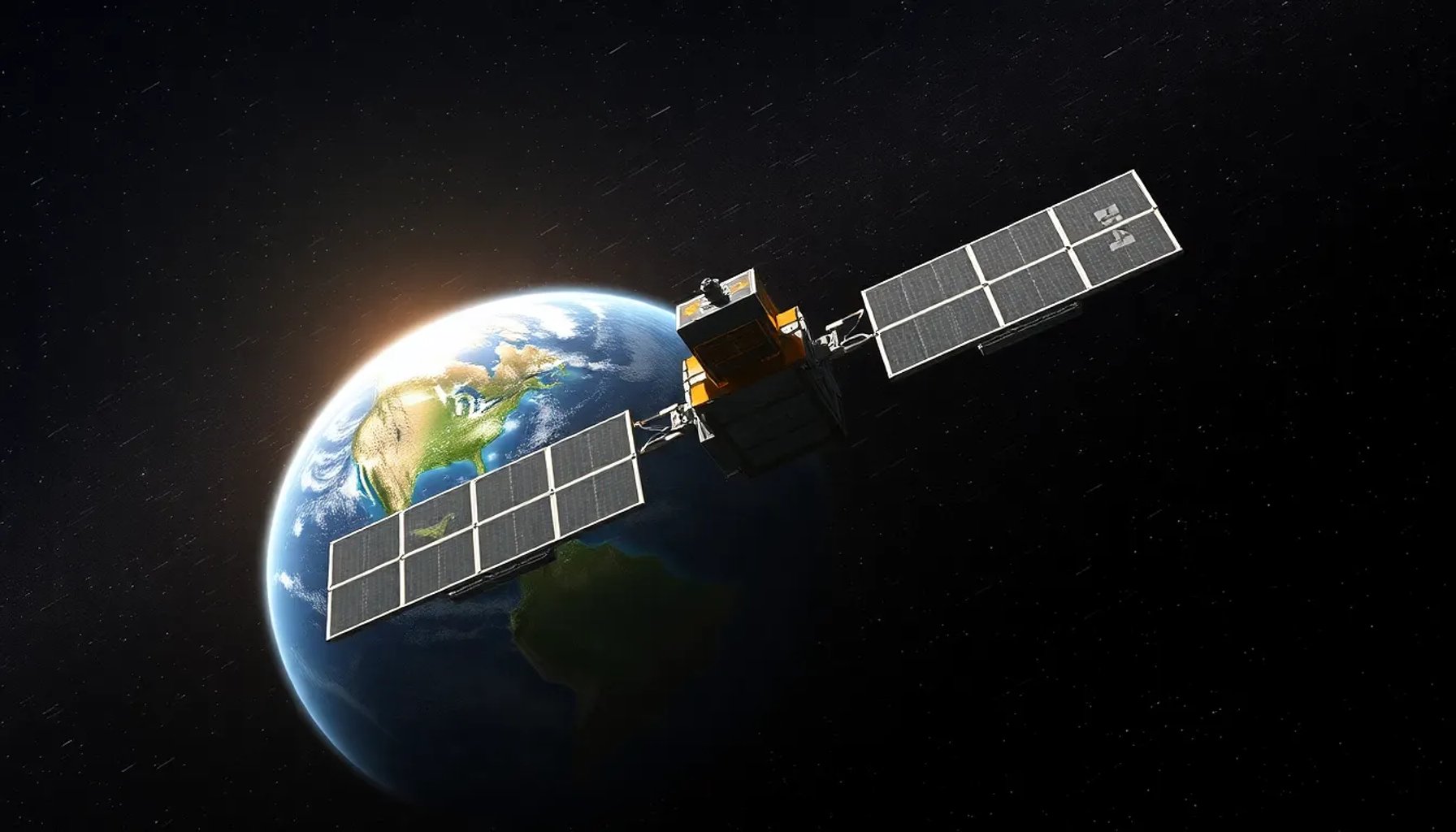 Imagen del satélite Arrakhis orbitando la Tierra con fondo estelar, simbolizando la búsqueda de materia oscura