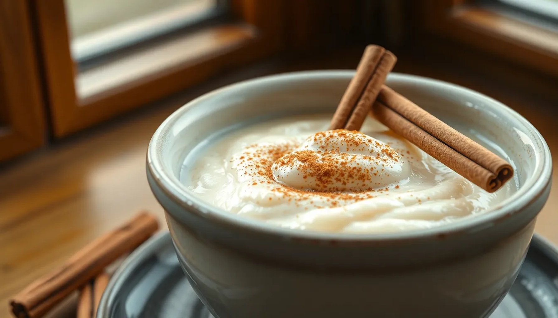 Bol de arroz con leche cremoso espolvoreado con canela, vista lateral en mesa rústica