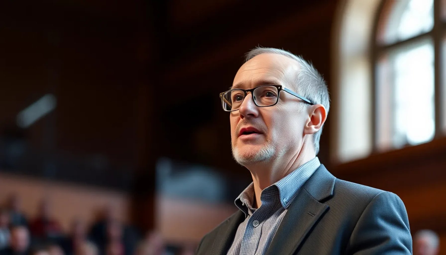 Arthur Brooks hablando en un auditorio de Harvard, gesticulando mientras enfatiza la importancia del aprendizaje continuo