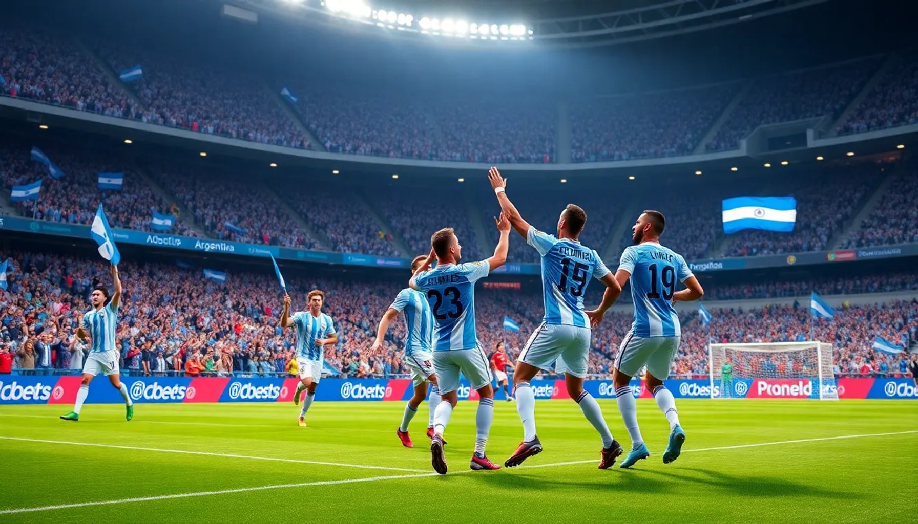 Equipo de Argentina celebrando un gol en un estadio del Mundial 2026 con aficionados en fondo azul y blanco