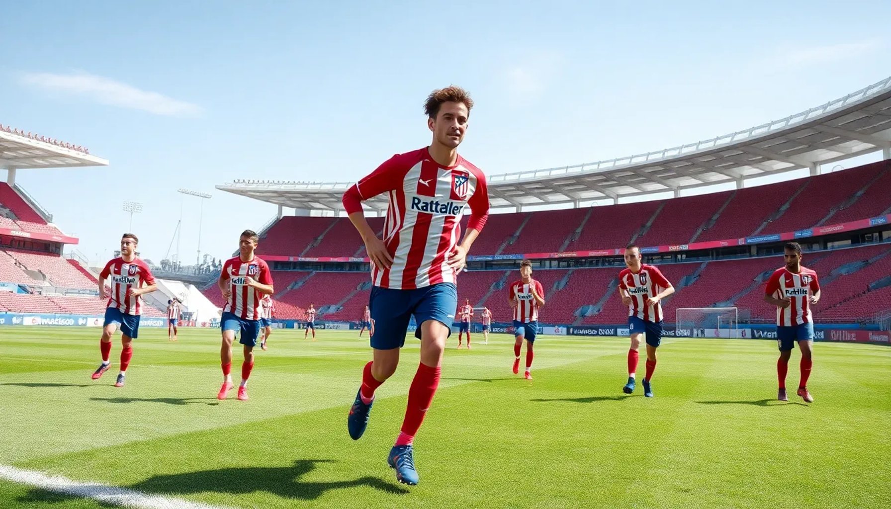 Jugadores jóvenes del Atlético de Madrid entrenando en el campo del Wanda Metropolitano bajo la mirada del entrenador