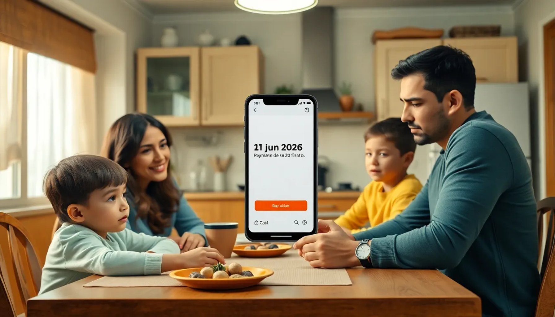 Ilustración de una familia argentina recibiendo una notificación de pago de la AUH en un dispositivo móvil