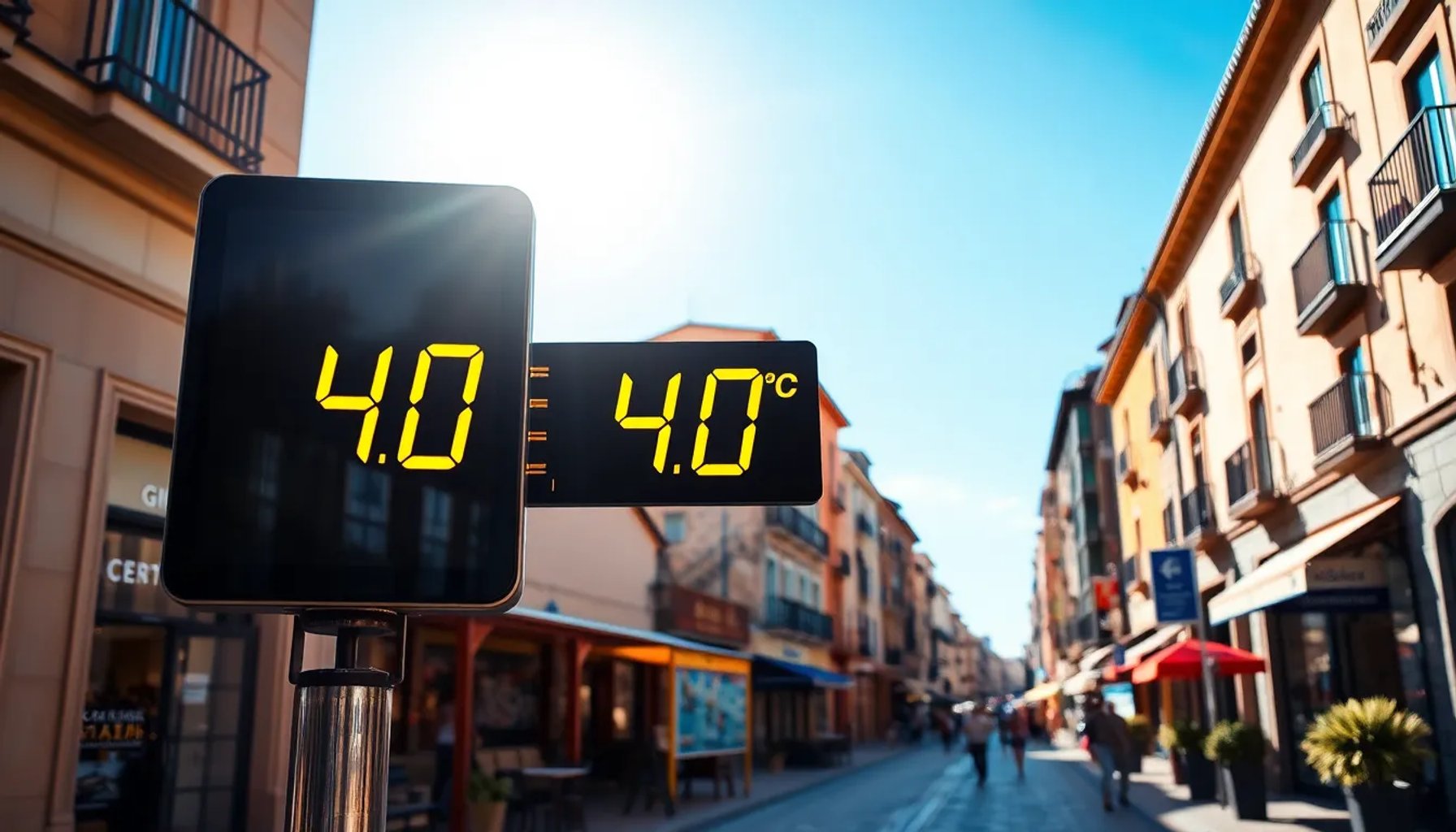 Imagen de una calle de Zaragoza bajo un sol abrasador con termómetro marcando más de 40 grados