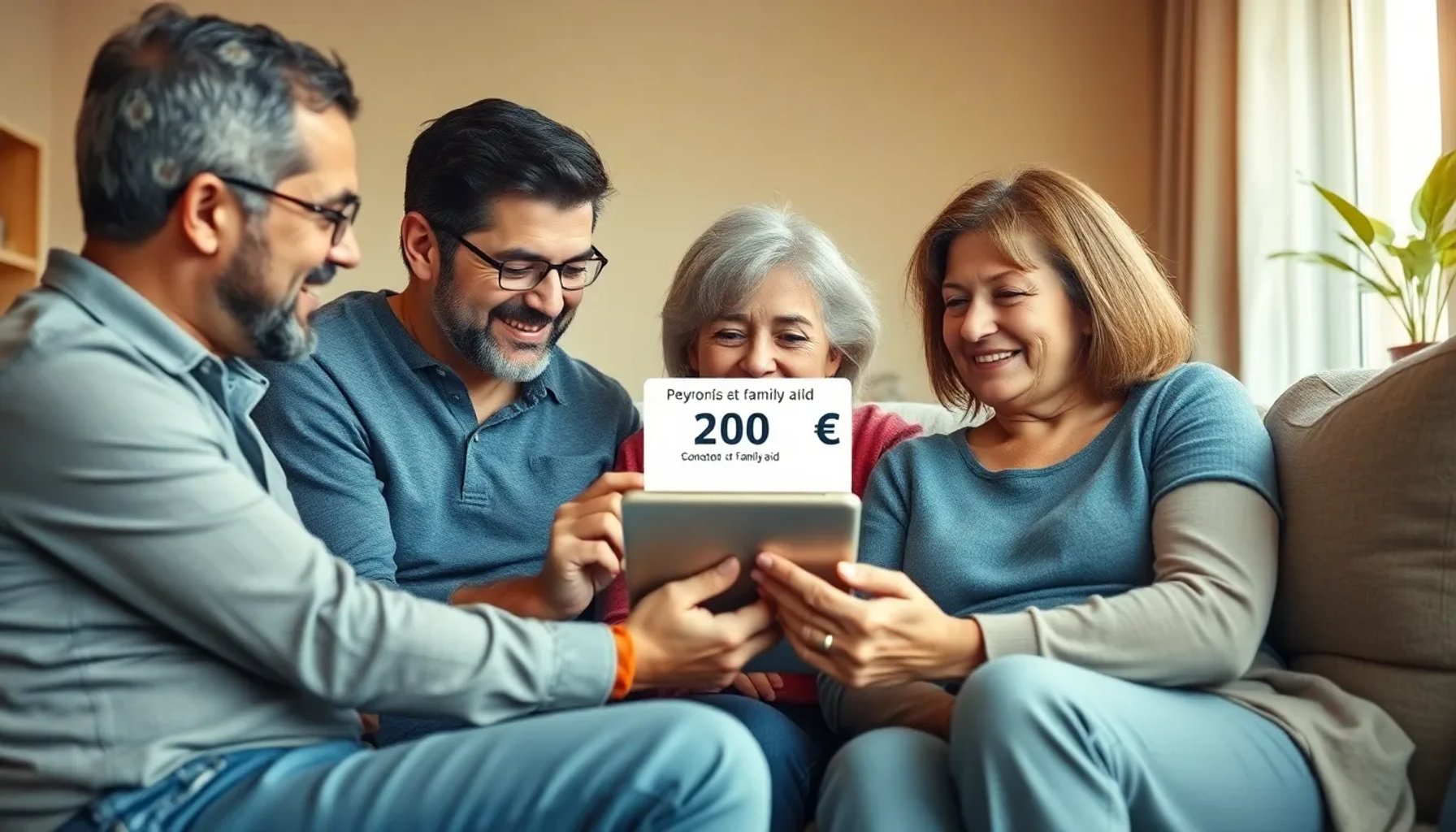Familia diversa recibiendo una notificación de ayuda económica en su tablet dentro de un hogar moderno